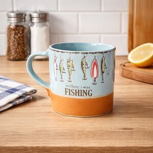 Wishing I Was Fishing Mug 18 oz Ceramic Coffee Cup Hooks Lures Spinner